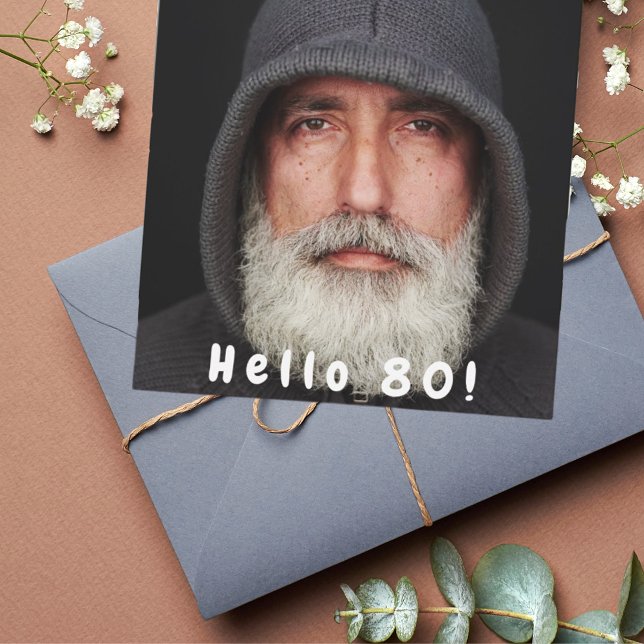 80th birthday party photo hello 80 guy white invitation (Creator Uploaded)