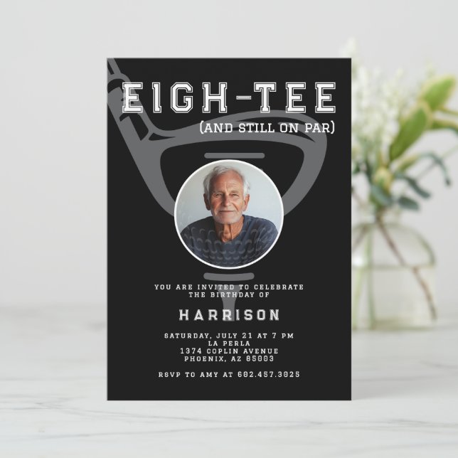 80th Birthday Party Photo Modern Golf Black Invitation (Standing Front)