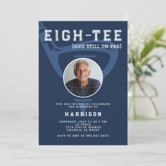 80th Birthday Party Photo Modern Golf Blue Invitation