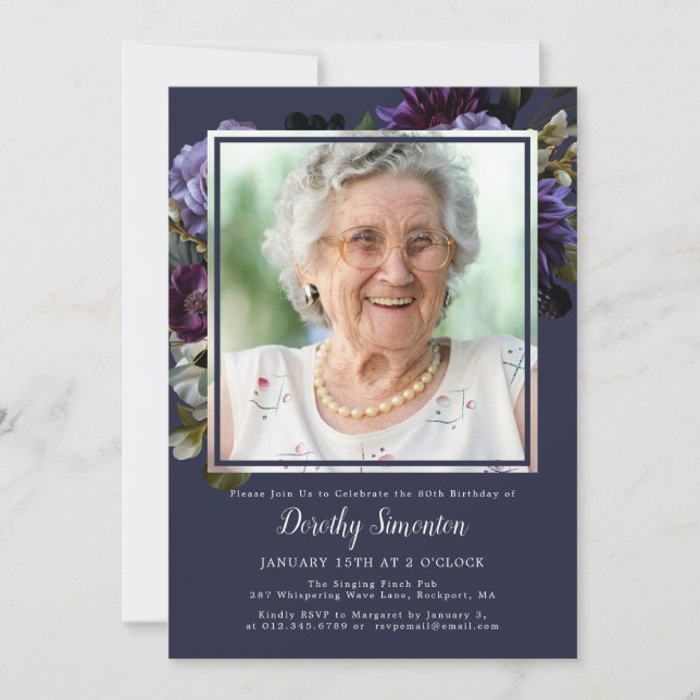 80th Birthday Party Photo Moody Purple Floral Invitation (Front)