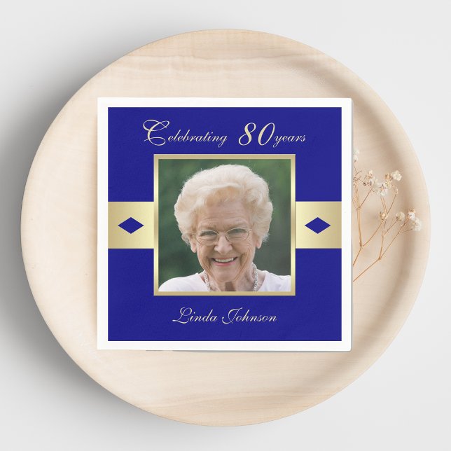 80th Birthday Party Photo on Navy Blue Paper Napkins (Creator Uploaded)