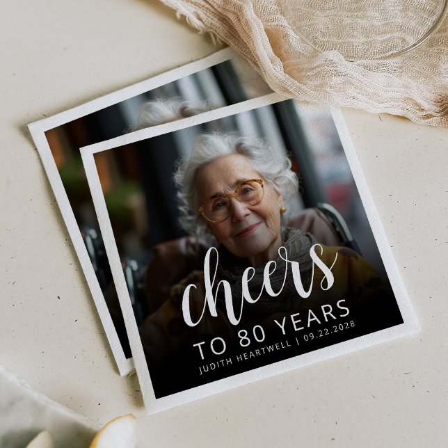 80th Birthday Party Photo White Script Cheers Napkins (Creator Uploaded)