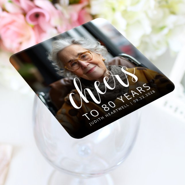 80th Birthday Party Photo White Script Cheers Square Paper Coaster (Creator Uploaded)