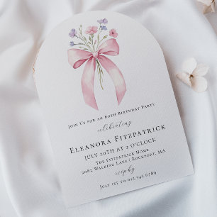 80th Birthday Party Pink Bow Wildflower Arch Invitation