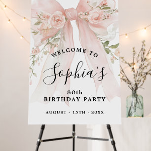 80th Birthday Party Pink Bow with Roses Welcome Foam Board