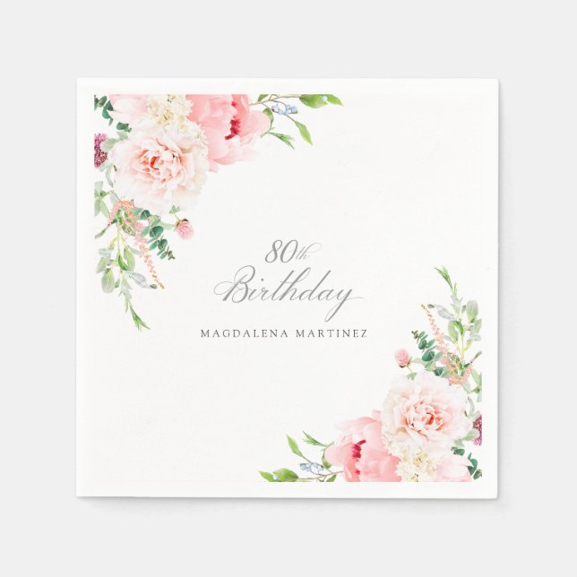 80th Birthday Party Pink Floral Custom Cocktail Napkins (Front)