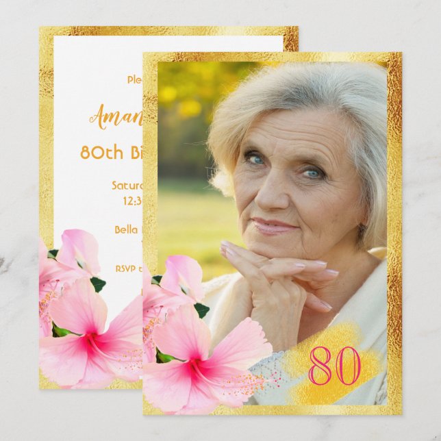 80th birthday party pink floral white photo invitation (Front/Back)