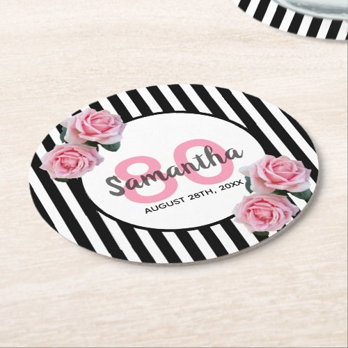 80th birthday party pink flowers black stripes round paper coaster