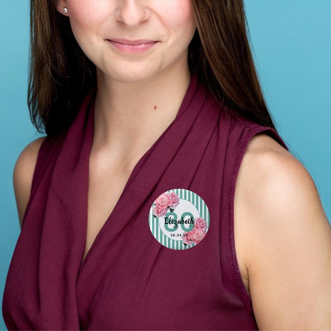 80th birthday party pink flowers teal stripes button (Creator Uploaded)