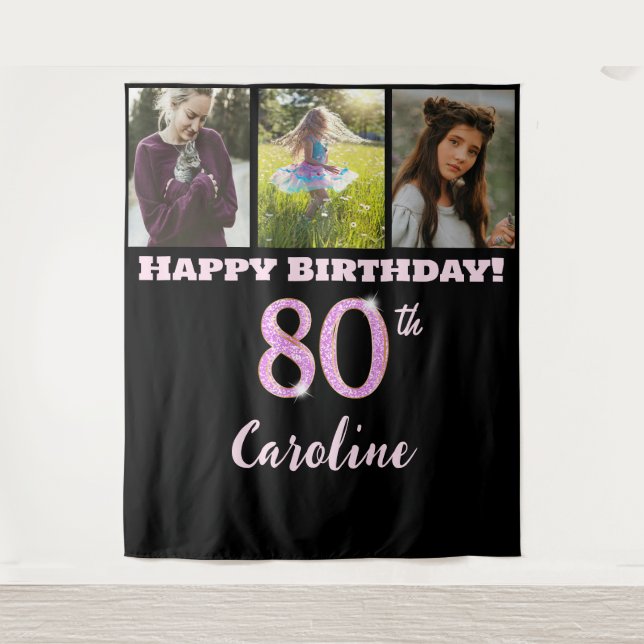 80th Birthday Party, Pink Glitter & 3 photos Tapestry (Front)
