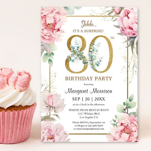 80th Birthday Party Pink Peony Elegant Floral Invitation