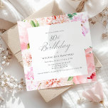 80th Birthday Party Pink Peony Floral Square Invitation<br><div class="desc">A beautiful and feminine party invitation to celebrate a birthday in elegant style. A frame of elegant watercolor pink peony flowers and greenery surrounds your party details.  This invitation is available as a printed invitation or digital download.</div>
