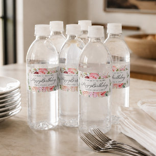 80th Birthday Party Pink Peony Floral Water Bottle Label