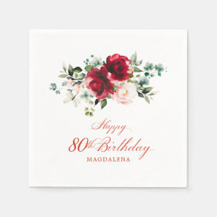 80th Birthday Party Pink Red Floral Custom Napkins