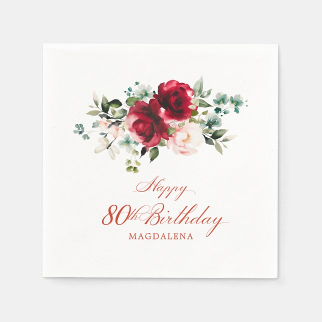 80th Birthday Party Pink Red Floral Custom Napkins (Front)