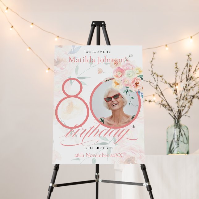 80th Birthday Party Pink Roses Floral Custom Photo Foam Board (In Situ (Stand))