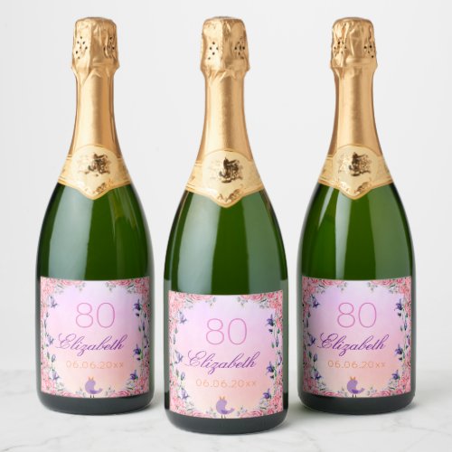 80th birthday party pink violet florals bird sparkling wine label