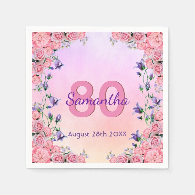 80th birthday party pink violet florals purple napkins (Front)