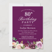 80th Birthday Party Plum Purple Blush Floral Photo Invitation (Back)