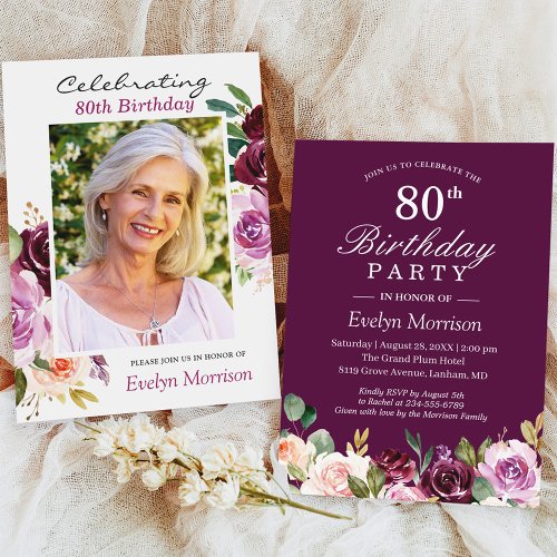 80th Birthday Party Plum Purple Blush Floral Photo Invitation