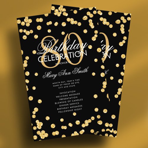 80th Birthday Party Program Gold Glitter w Menu Flyer