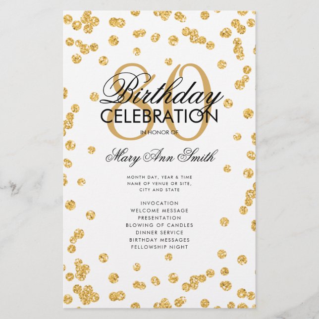 80th Birthday Party Program Gold Glitter w/ Menu Flyer (Front)