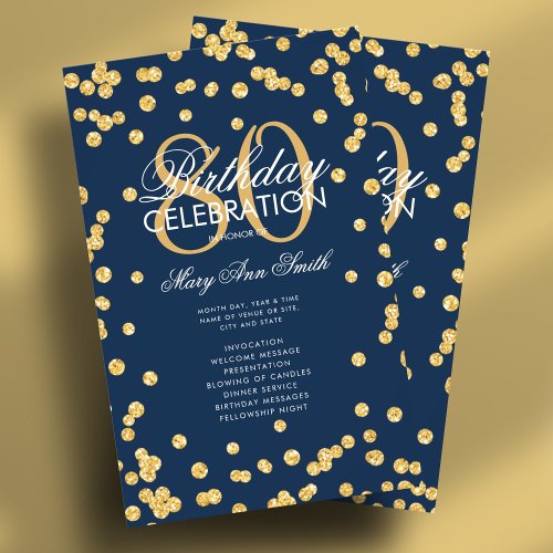 80th Birthday Party Program Gold Navy Glitter Menu Flyer