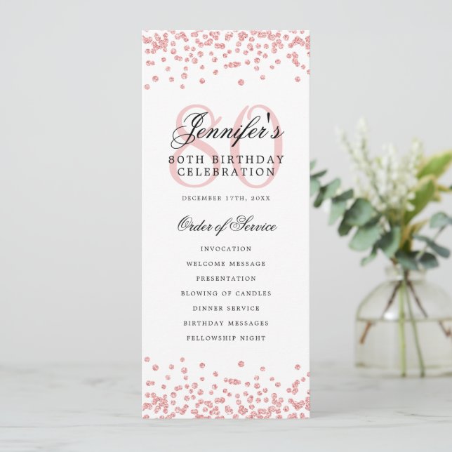 80th Birthday Party Program Menu Thanks Rose Gold (Standing Front)
