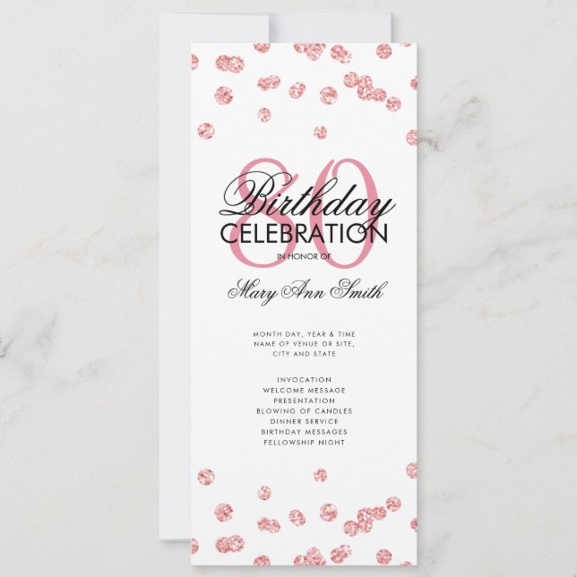 80th Birthday Party Program Rose Gold Glitter Menu (Front)