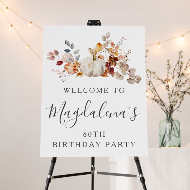 80th Birthday Party Pumpkin Fall Flower Welcome Foam Board (In Situ (Stand))