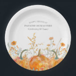 80th Birthday Party Pumpkin Wildflower Custom Paper Plates<br><div class="desc">Fall pumpkins are nestled in delicate golden yellow and orange wildflowers to create an elegant aesthetic. All of the text is editable so you can easily craft your own special mood.</div>