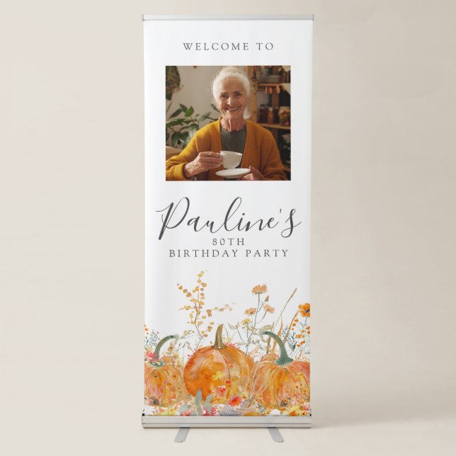 80th Birthday Party Pumpkin Wildflower Photo Retractable Banner (Front)