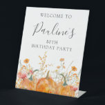 80th Birthday Party Pumpkin Wildflower Welcome Pedestal Sign<br><div class="desc">Fall pumpkins are nestled in delicate golden yellow and orange wildflowers to create an elegant aesthetic. All of the text is editable so you can easily craft your own special mood.</div>