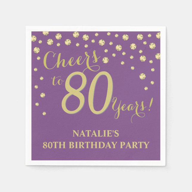 80th Birthday Party Purple and Gold Diamond Napkins (Front)