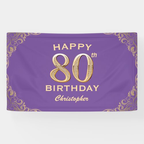80th Birthday Party Purple and Gold Glitter Frame Banner
