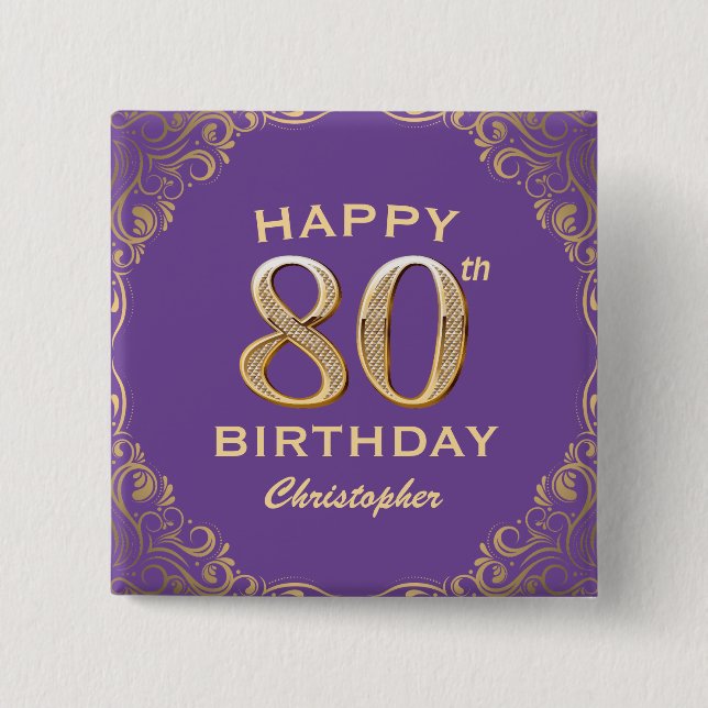 80th Birthday Party Purple and Gold Glitter Frame Button (Front)