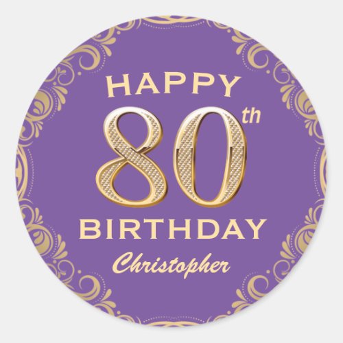 80th Birthday Party Purple and Gold Glitter Frame Classic Round Sticker