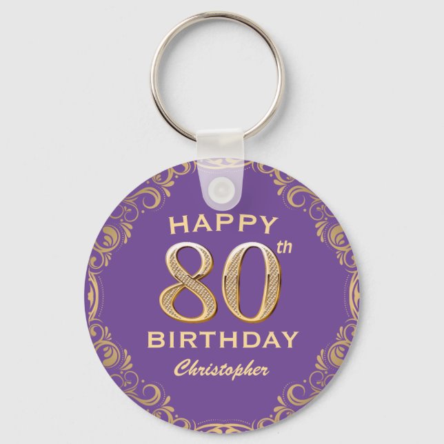 80th Birthday Party Purple and Gold Glitter Frame Keychain (Front)