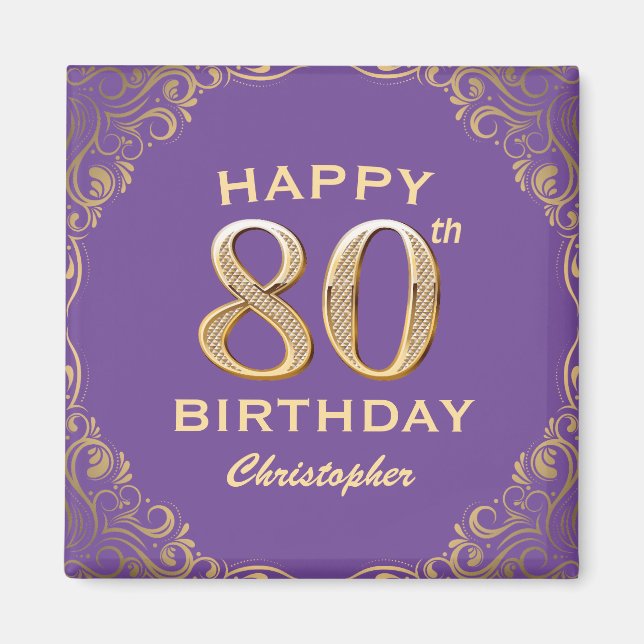 80th Birthday Party Purple and Gold Glitter Frame Magnet (Front)