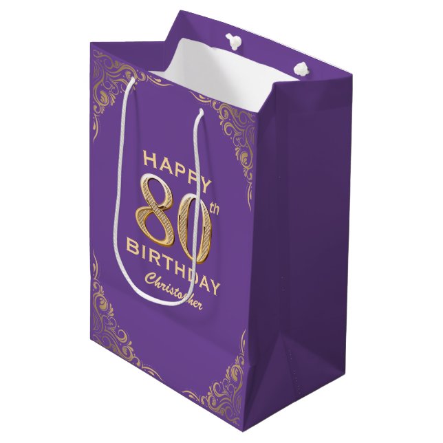 80th Birthday Party Purple and Gold Glitter Frame Medium Gift Bag (Front Angled)