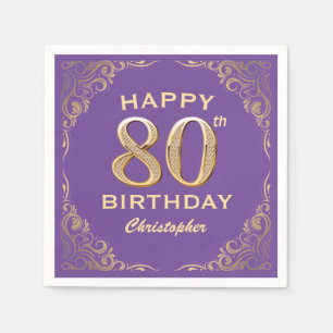 80th Birthday Party Purple and Gold Glitter Frame Napkins