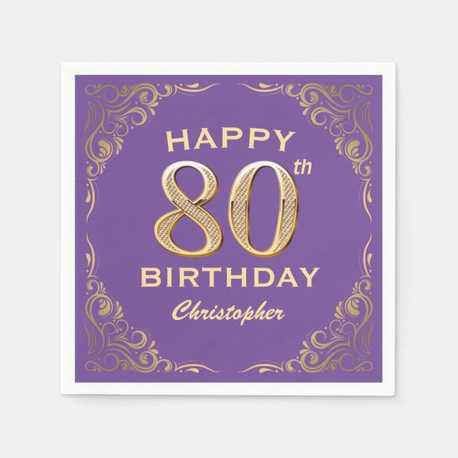 80th Birthday Party Purple and Gold Glitter Frame Napkins (Front)
