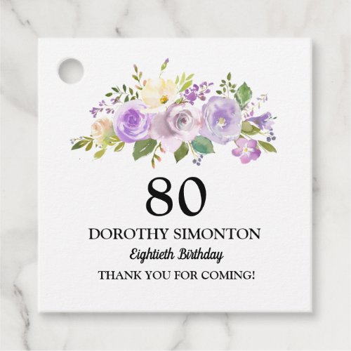 80th Birthday Party Purple Floral Favor Tags
