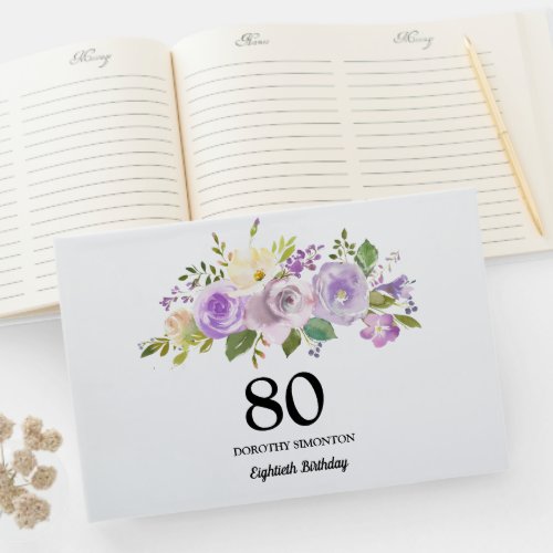 80th Birthday Party Purple Floral Guest Book