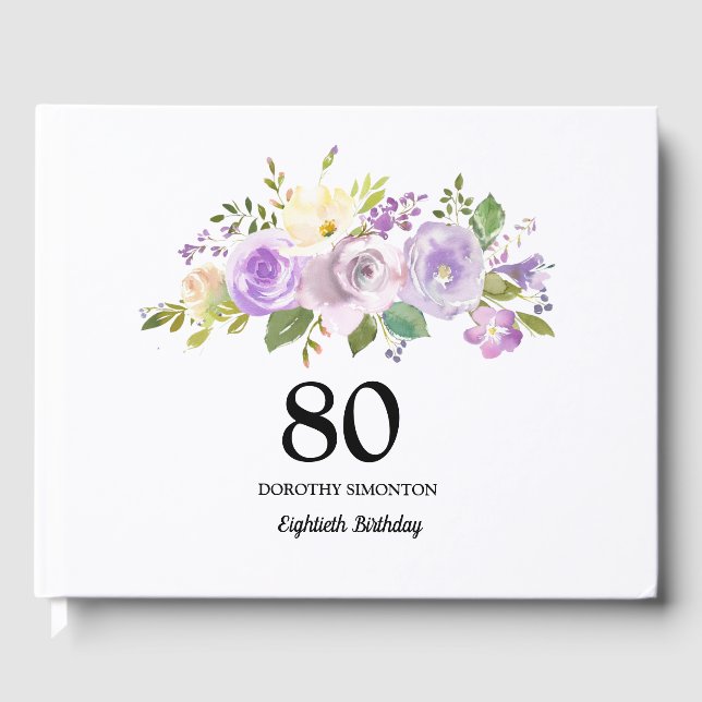 80th Birthday Party Purple Floral Guest Book (Front)