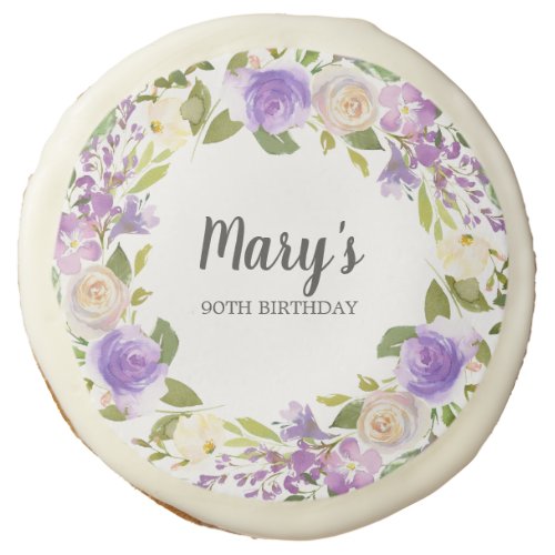 80th Birthday Party Purple Floral Monogram Name Sugar Cookie