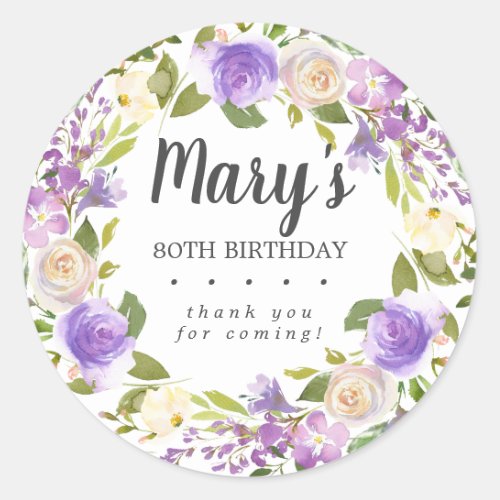 80th Birthday Party Purple Floral Thank You Seal