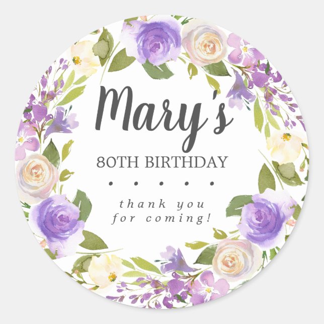 80th Birthday Party Purple Floral Thank You Seal (Front)
