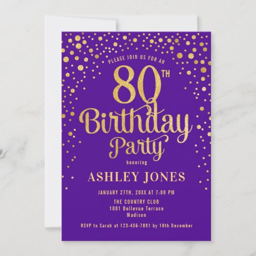 80th Birthday Party _ Purple  Gold Invitation