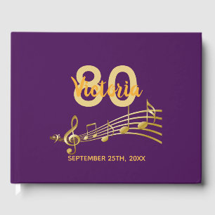 80th birthday party purple gold music notes guest book